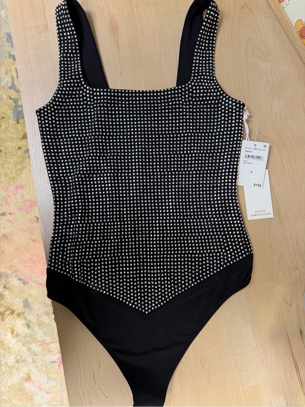 Good American Black One-Piece with Silver Crystal Studs